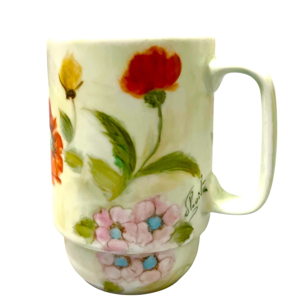 Hand-Painted Floral Mug – Signed Artist Ceramic Cup – Vintage Style